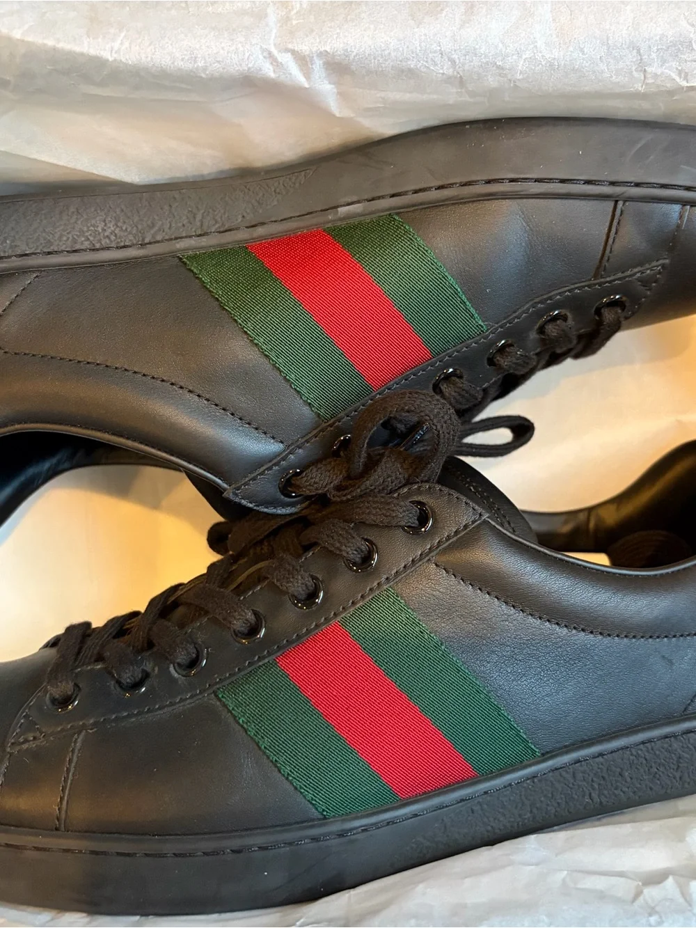 Gucci Black Leather Sneakers with Green & Red Web Stripe